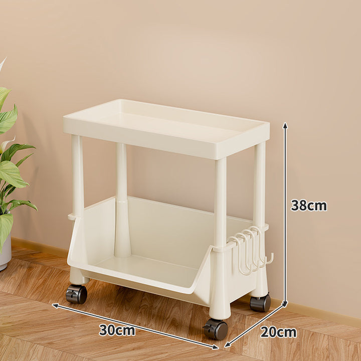 Compact Two-Tier Rolling Storage Cart with Detachable Hooks and Deep Lower Bin