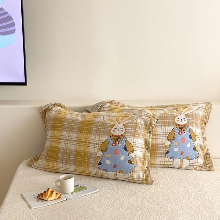 Kids' pillowcases with cute bear applique and checkered muslin look