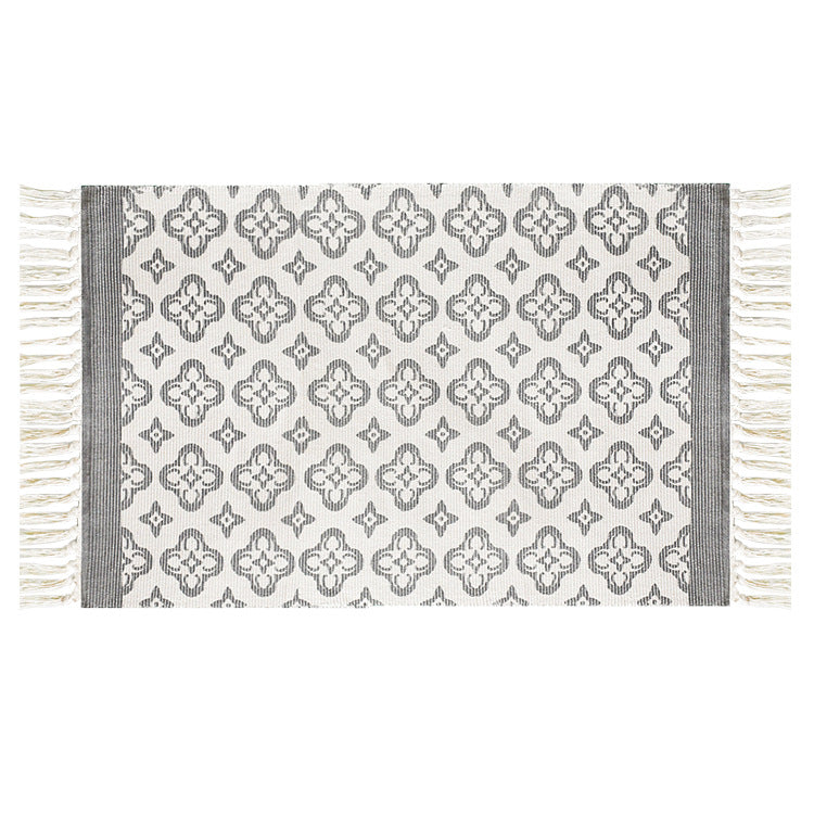 Flat-woven cotton runner with Mediterranean tile jacquard and decorative fringes Stornfield