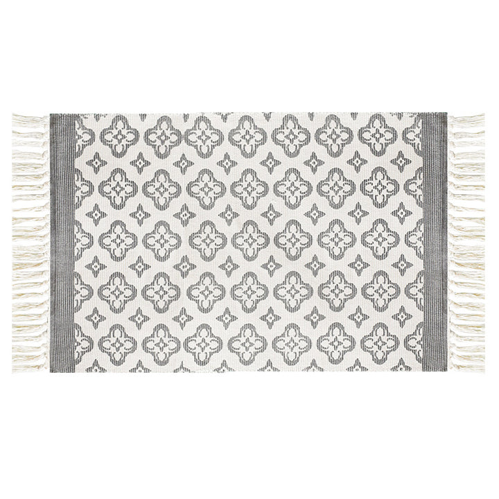 Flat-woven cotton runner with Mediterranean tile jacquard and decorative fringes Stornfield