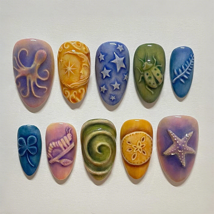 Artificial nail set with creative maritime and nature-inspired motifs Stornfield