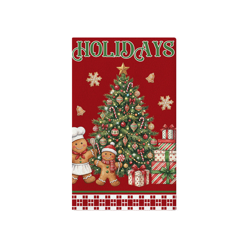 Festive Cotton-Linen Kitchen Tea Towel with Christmas Tree Print and Buffalo Check Border