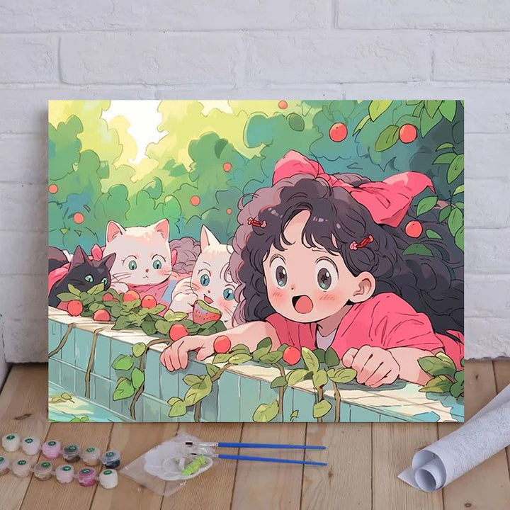 Cartoon Cat and Girl Themed Canvas Paint by Numbers Art Kit Stornfield