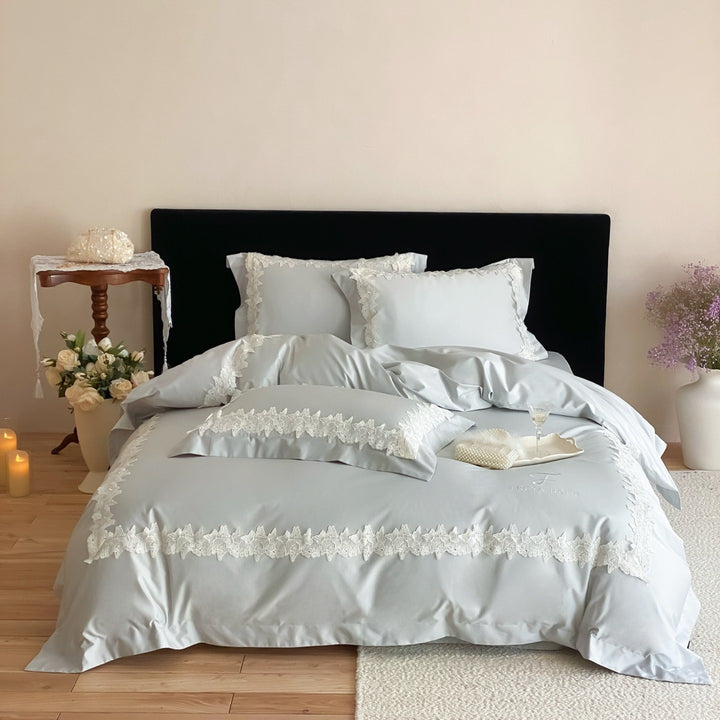 Satin Lace-Trim Duvet Cover Set with Eyelash Fringed Pillow Shams