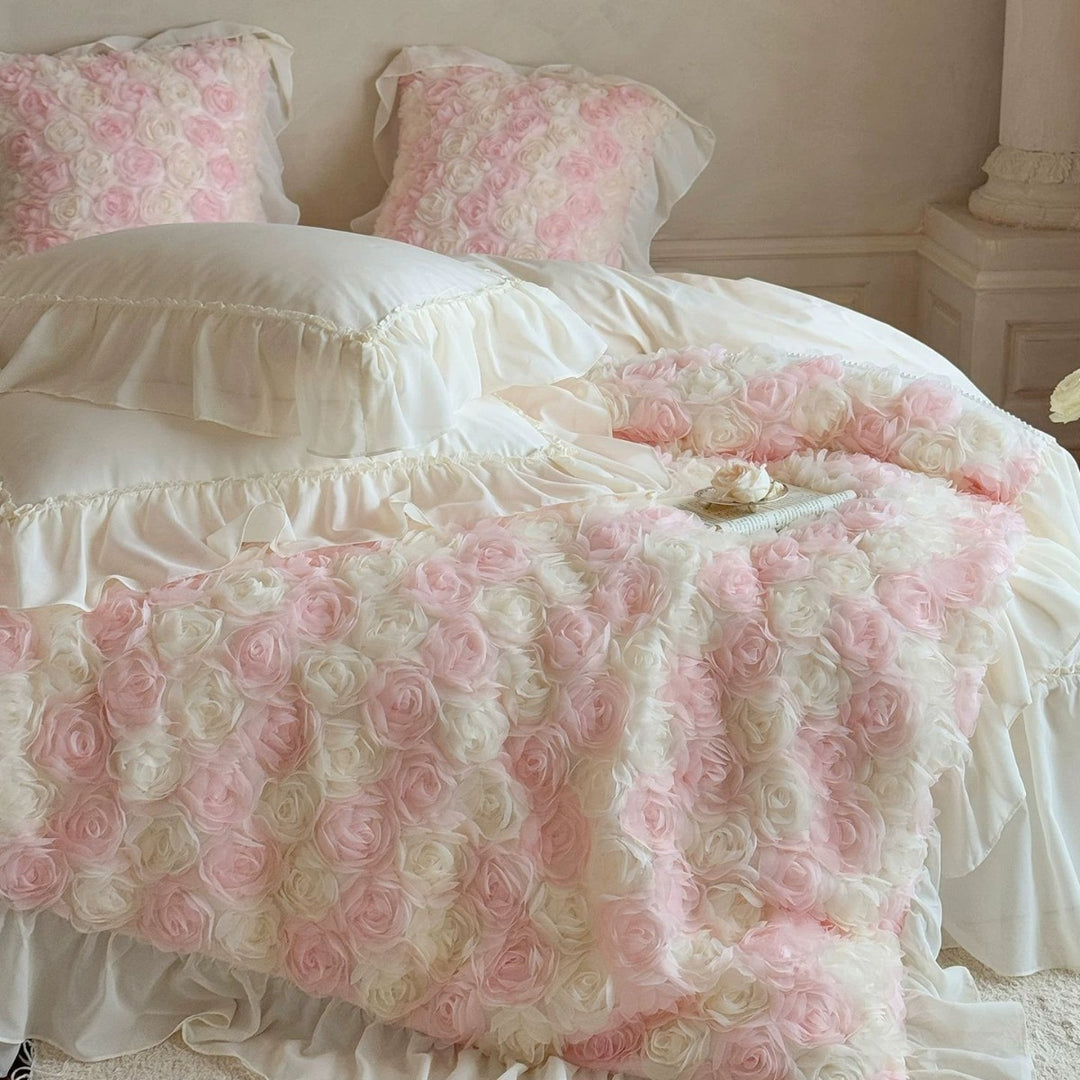 Romantic Three-Dimensional Rose Applique Floral Duvet Cover Set with Ruffled Shams
