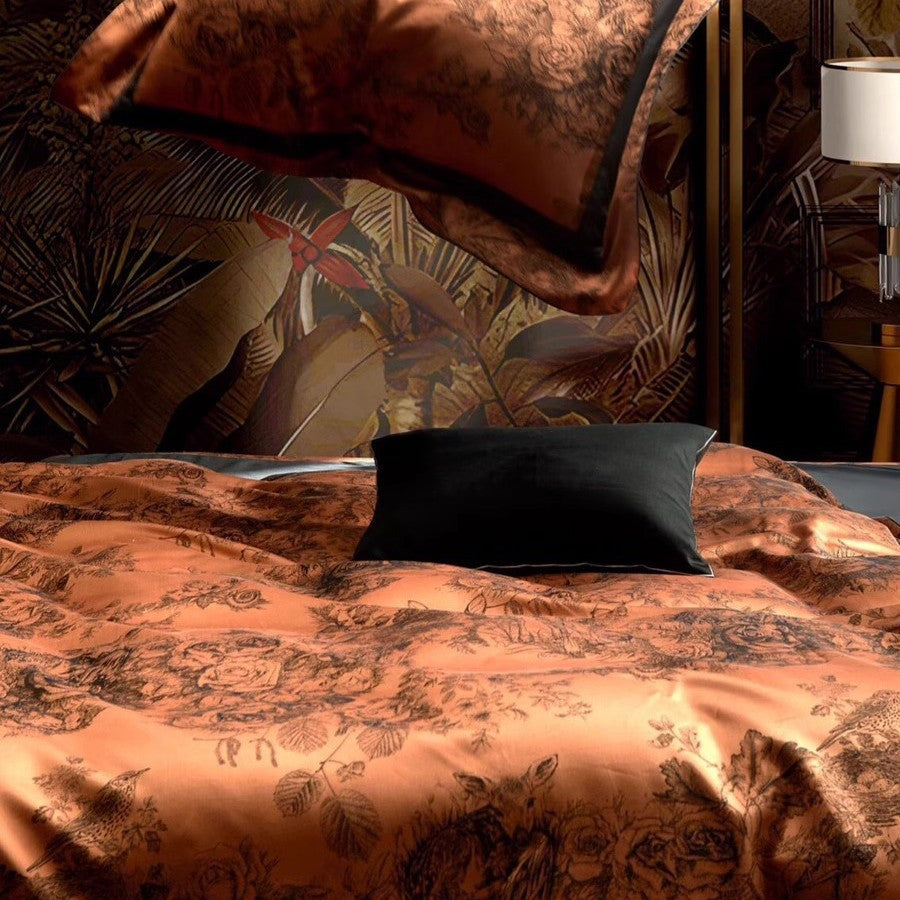 Silk-Feel Botanical Toile Satin Duvet Cover Ensemble with Matte Border and Envelope Shams