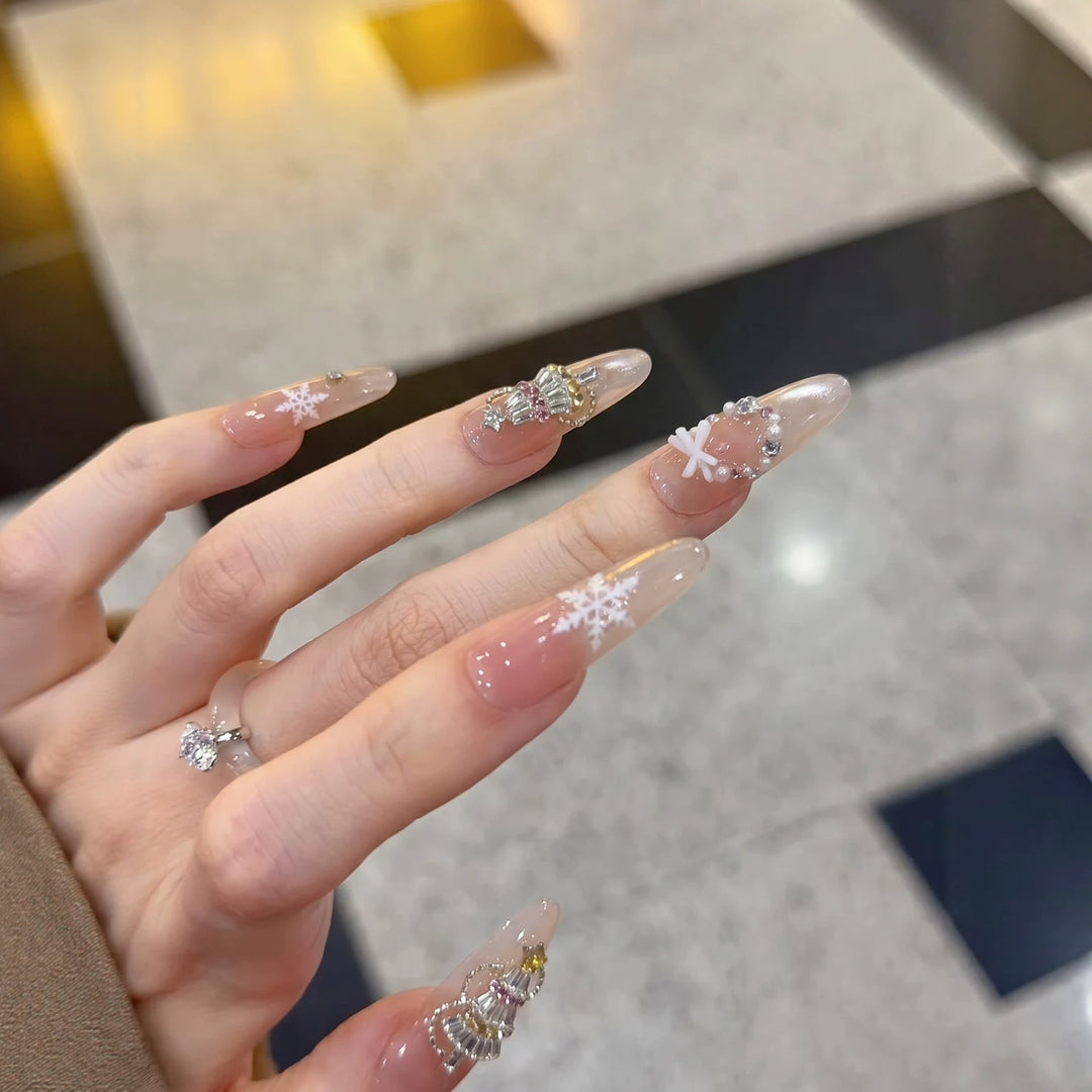 Decorative Stiletto Press-On Nail Art Set with Snowflake and Gemstone Accents Stornfield