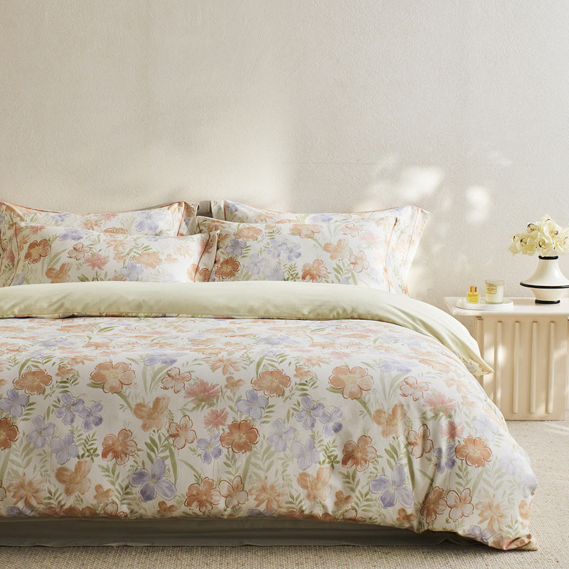 Reversible Botanical Cotton Sateen Duvet Cover Set with Pillow Shams