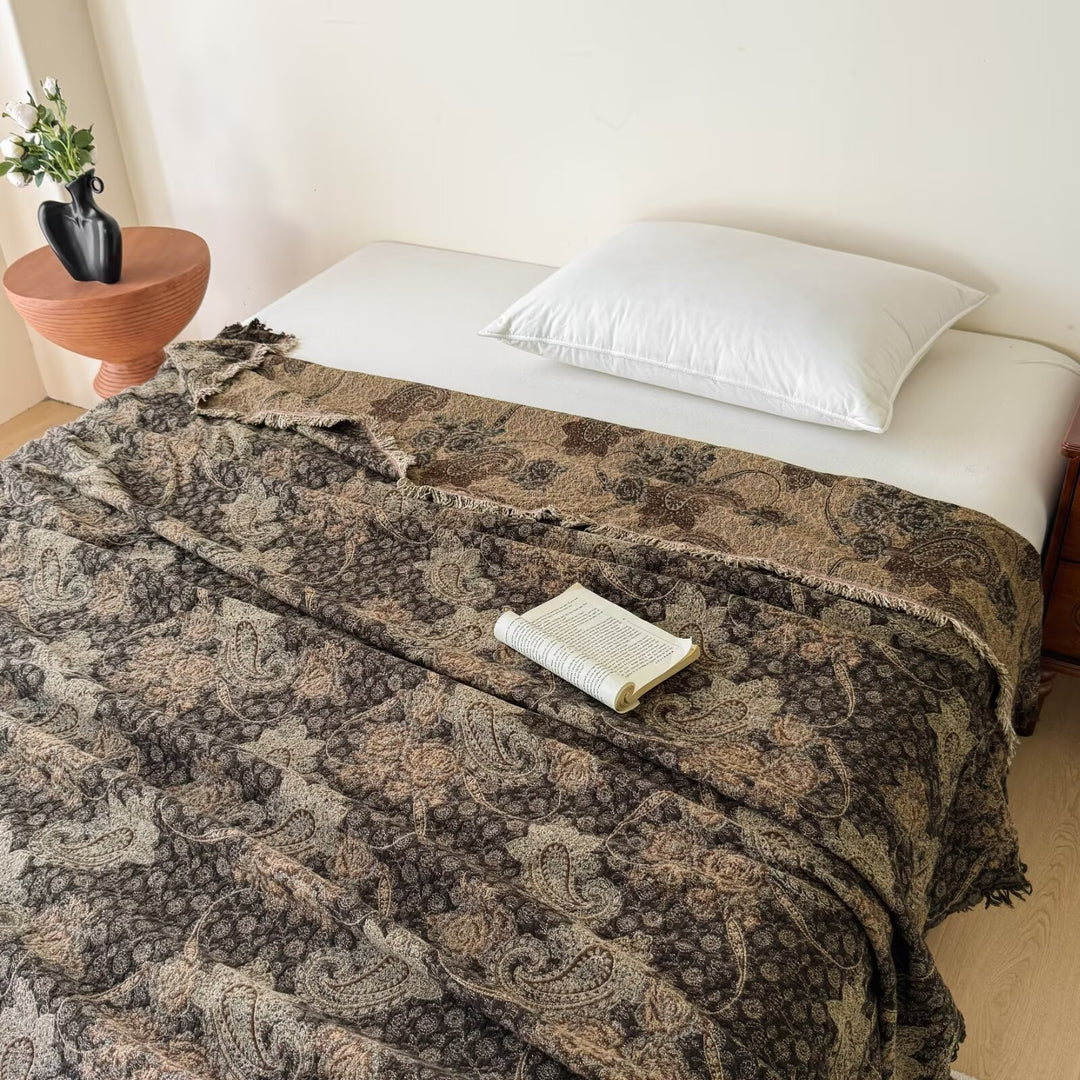 Oversized Jacquard Patchwork Floral Woven Throw Blanket with Fringed Edges