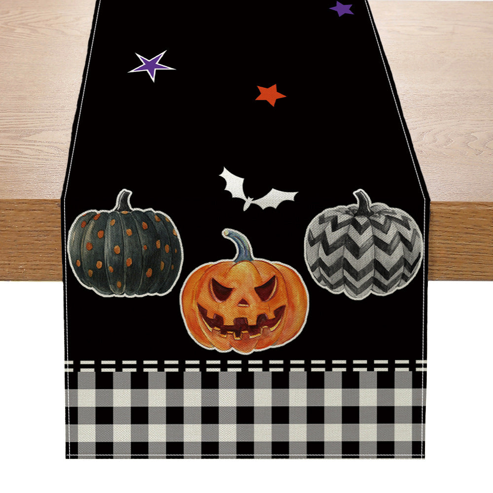 Halloween Cotton-Linen Table Runner with Sitting Cat and Pumpkin Illustration Decorative Border