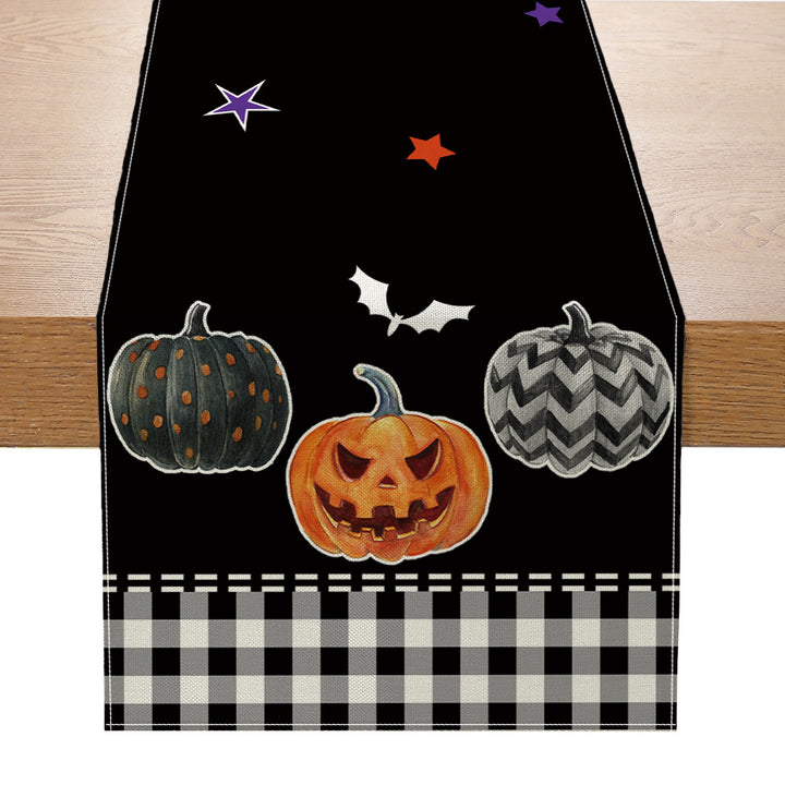 Halloween Cotton-Linen Table Runner with Sitting Cat and Pumpkin Illustration Decorative Border