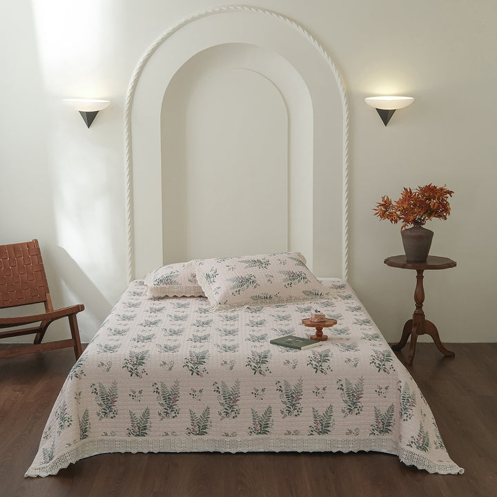 Hand-Quilted Vintage Floral Cotton Bedspread & Crochet-Edged Pillow Sham Set