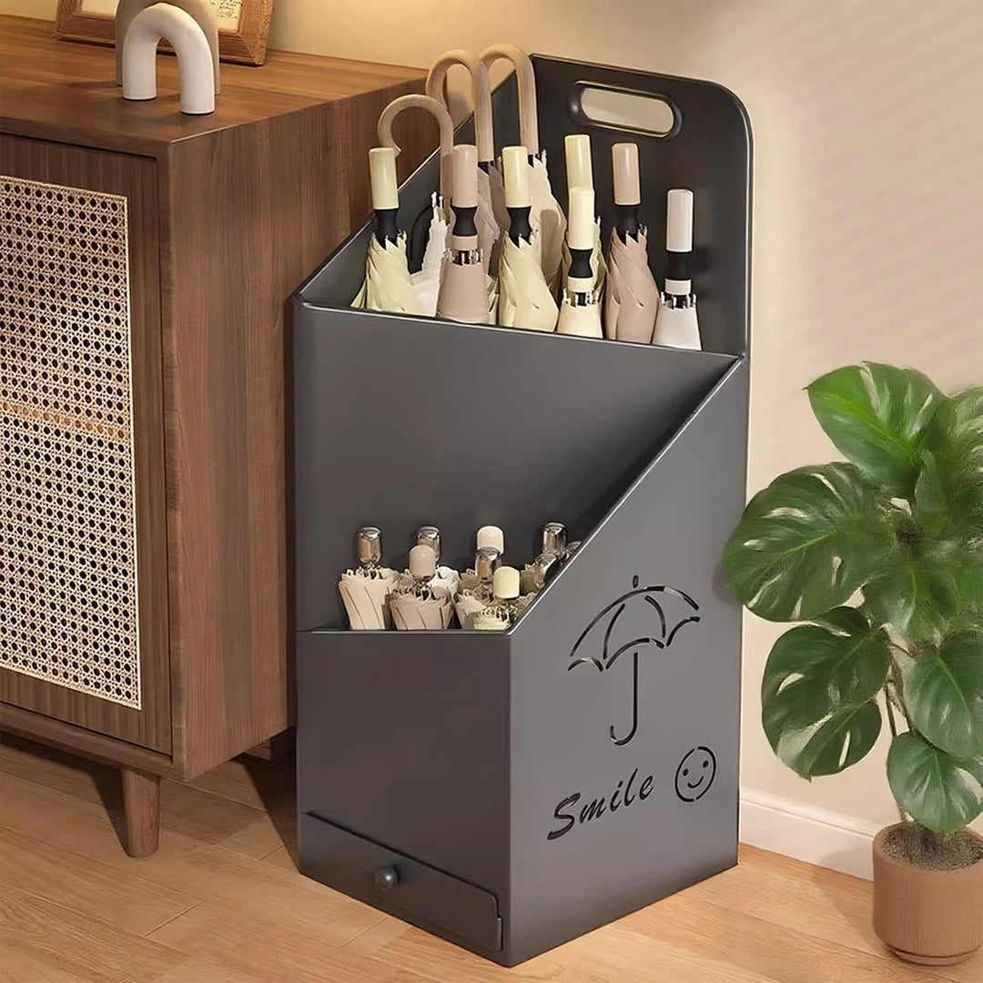 Tall Vertical Metal Two-Tier Umbrella and Walking Stick Storage Stand with Drip Drawer