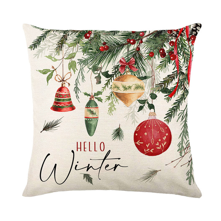 Festive Botanical Wreath Linen-Texture Square Pillow Cover