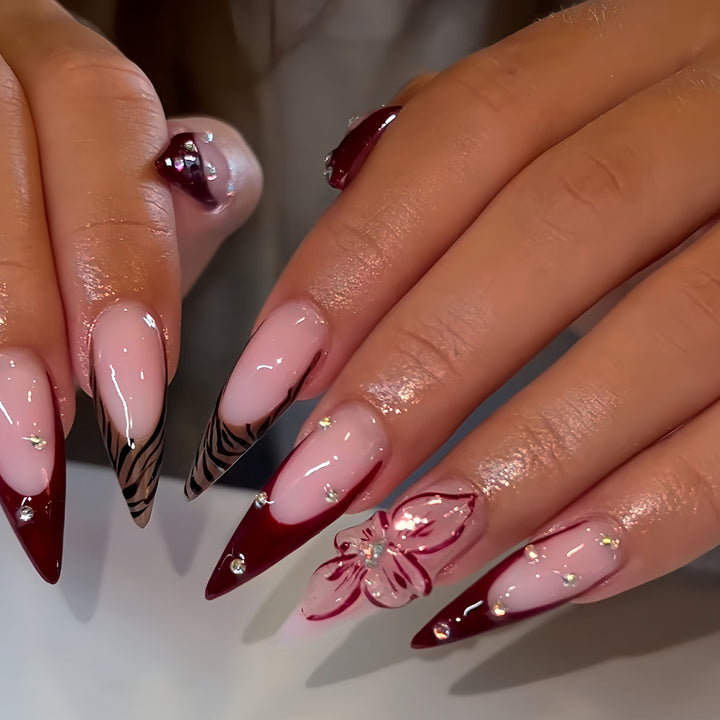 Elegant Stiletto Press-On Nail Art Set with Floral and Geometric Designs Stornfield