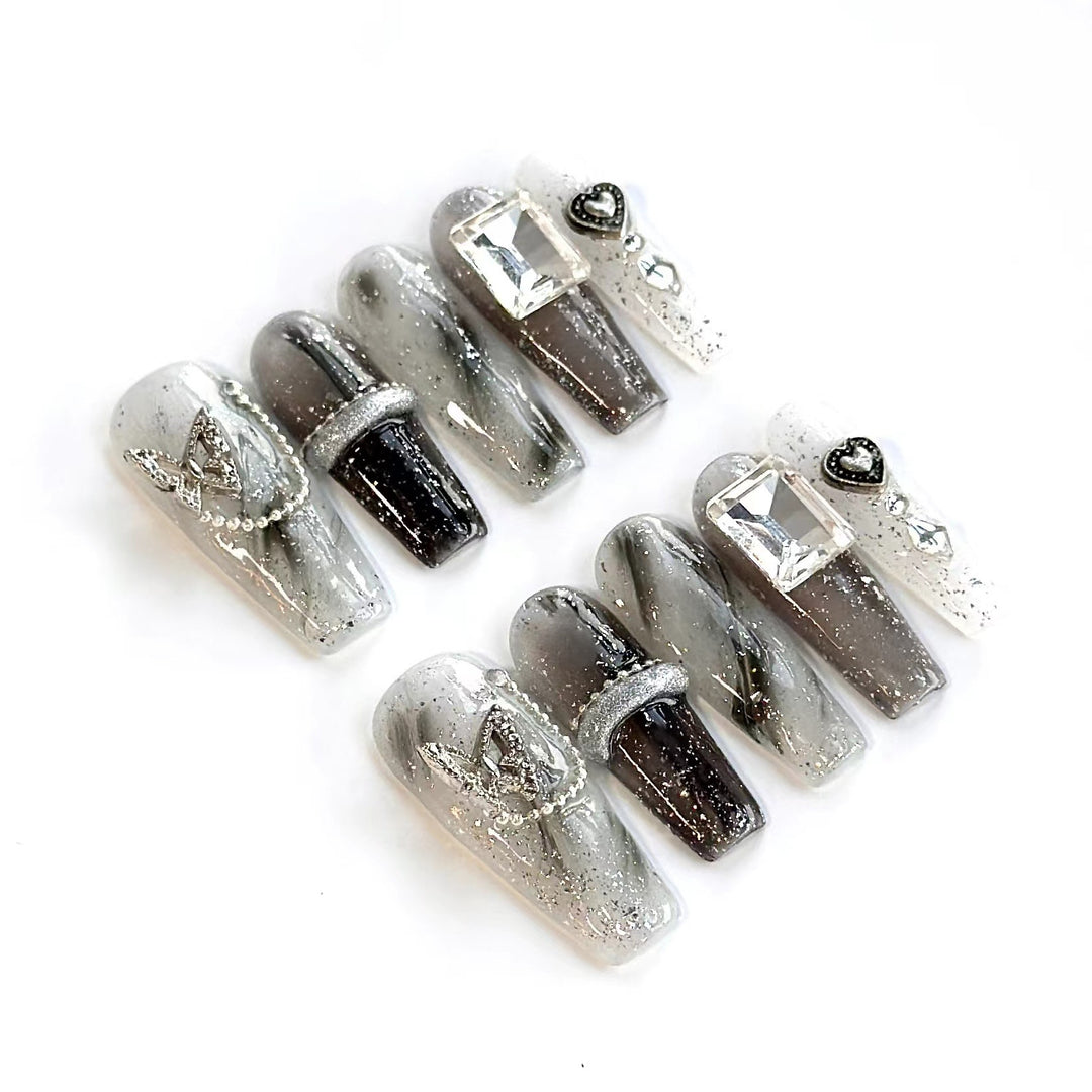 Decorative Press-On Nail Art Set with Gem and Velvet Accents