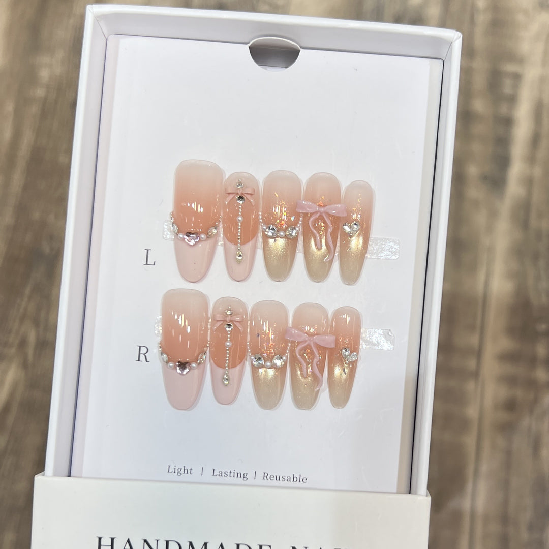 Decorative Stiletto Press-On Nail Art Set with Elegant Ribbons and Gems Stornfield