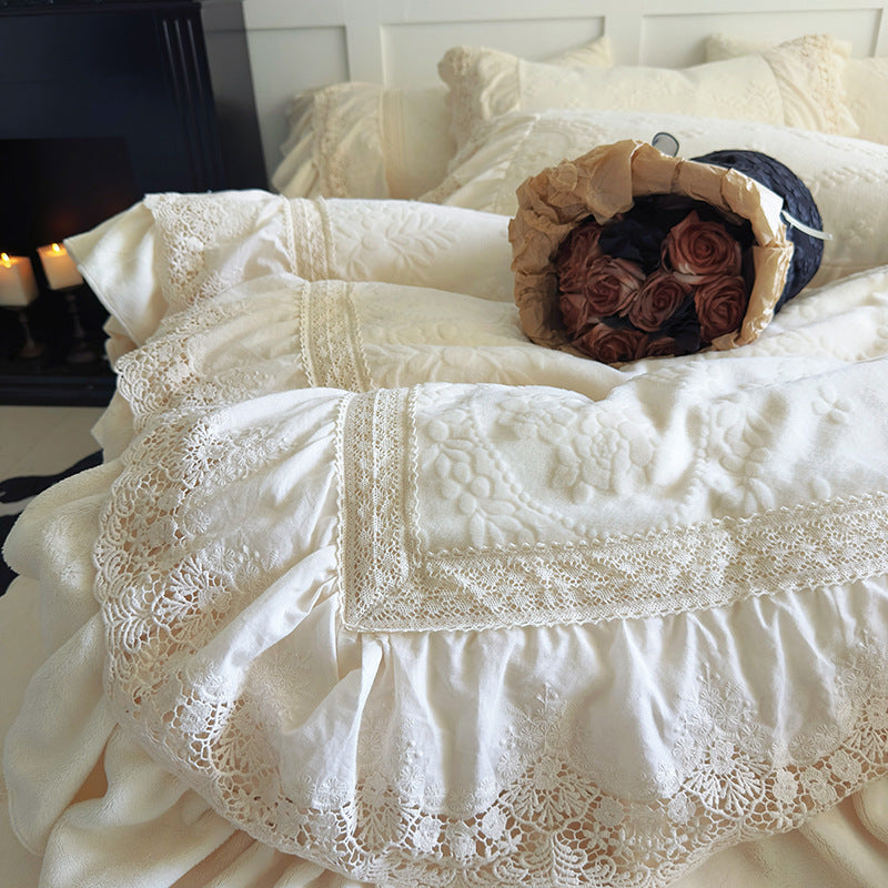Vintage-Inspired Ruffled Chenille Medallion Bedspread & Sham Set with Lace-Trim Bed Skirt