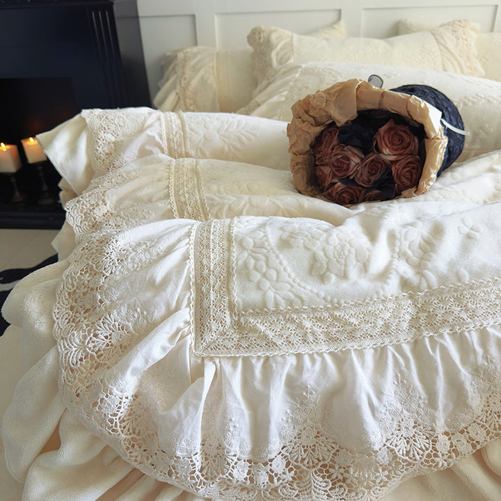 Vintage-Inspired Ruffled Chenille Medallion Bedspread & Sham Set with Lace-Trim Bed Skirt