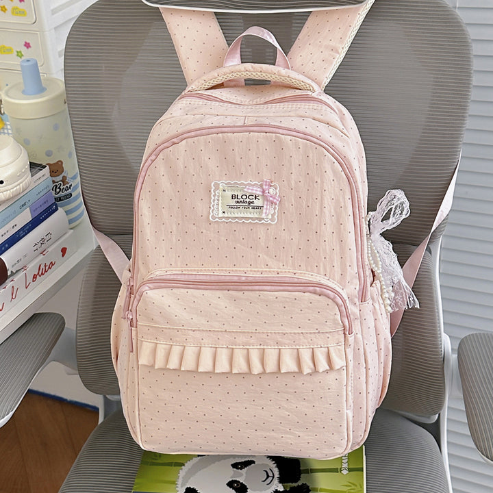 Polka Dot Patterned Backpack with Ruffle Accents Stornfield
