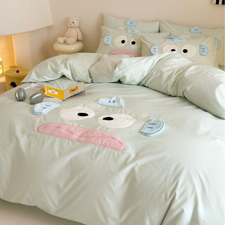 Playful 3D-Appliqué Cotton Percale Duvet Cover Set with Removable Character Ears & Envelope Pillow Shams