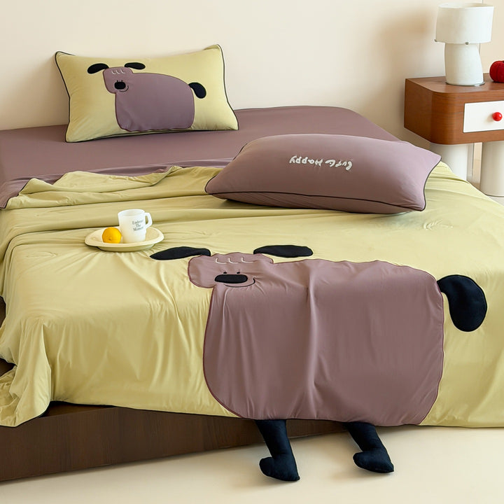 Children's bed linen set with cute animal appliqué, fitted sheet and pillowcase