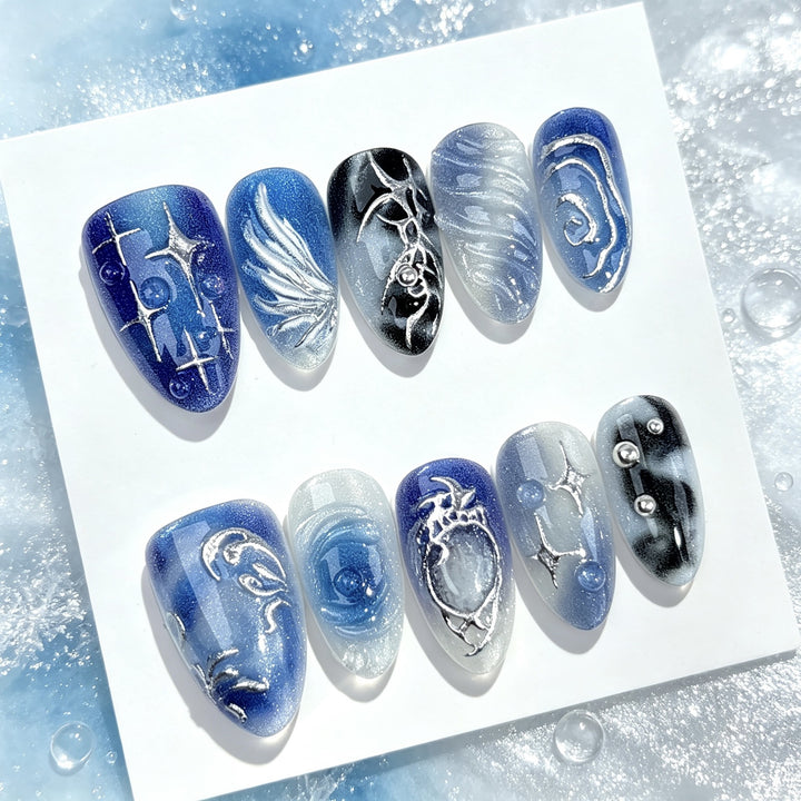 Artistic Press-On Nail Art Set with Elegant Blue Designs
