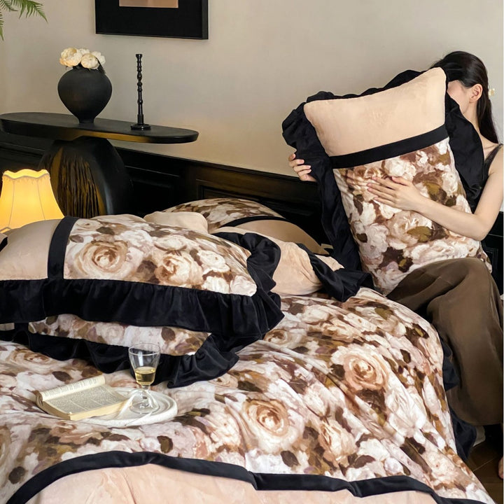 Romantic bedding set with ruffle, floral jacquard insert, and decorative ribbons
