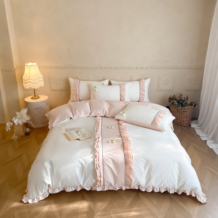 Romantic Ruffled Cotton Sateen Duvet Cover Set with Frilled Edge and Decorative Pillow Shams