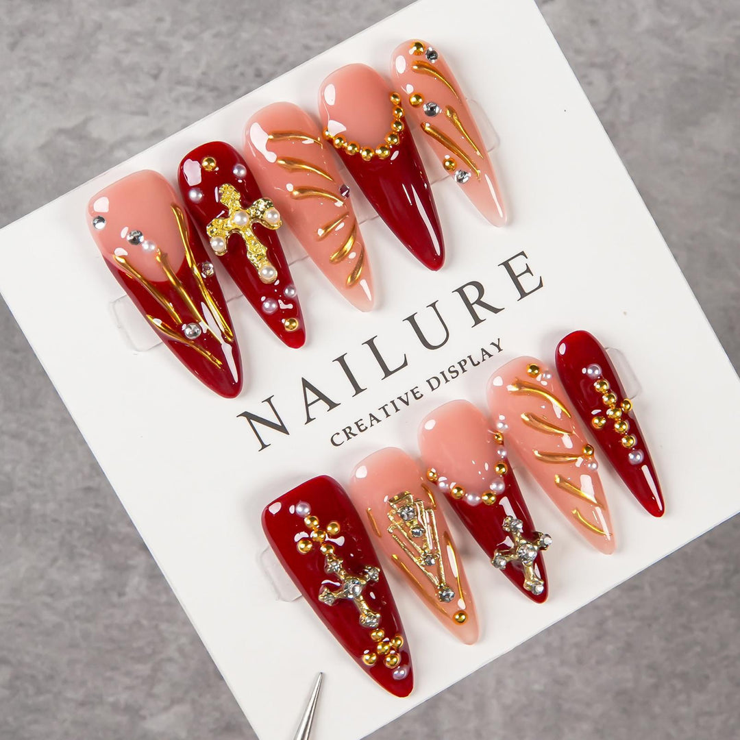 Artistic Stiletto Press-On Nail Set with Decorative Gem Accents
