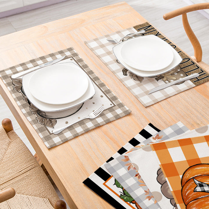 Rectangular Linen-Texture Table Placemat with Watercolor White Pumpkin & Fall Foliage Print