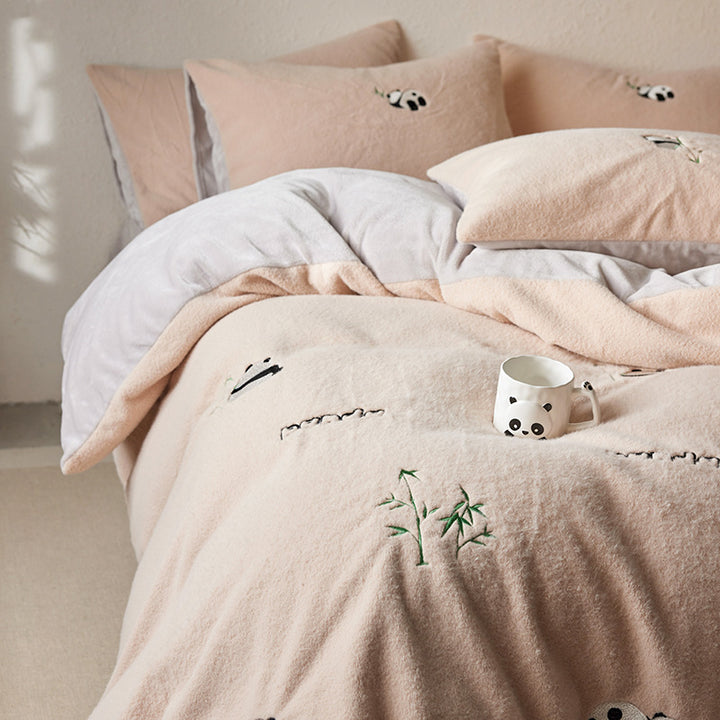 Bedding set with embroidered panda and bamboo design