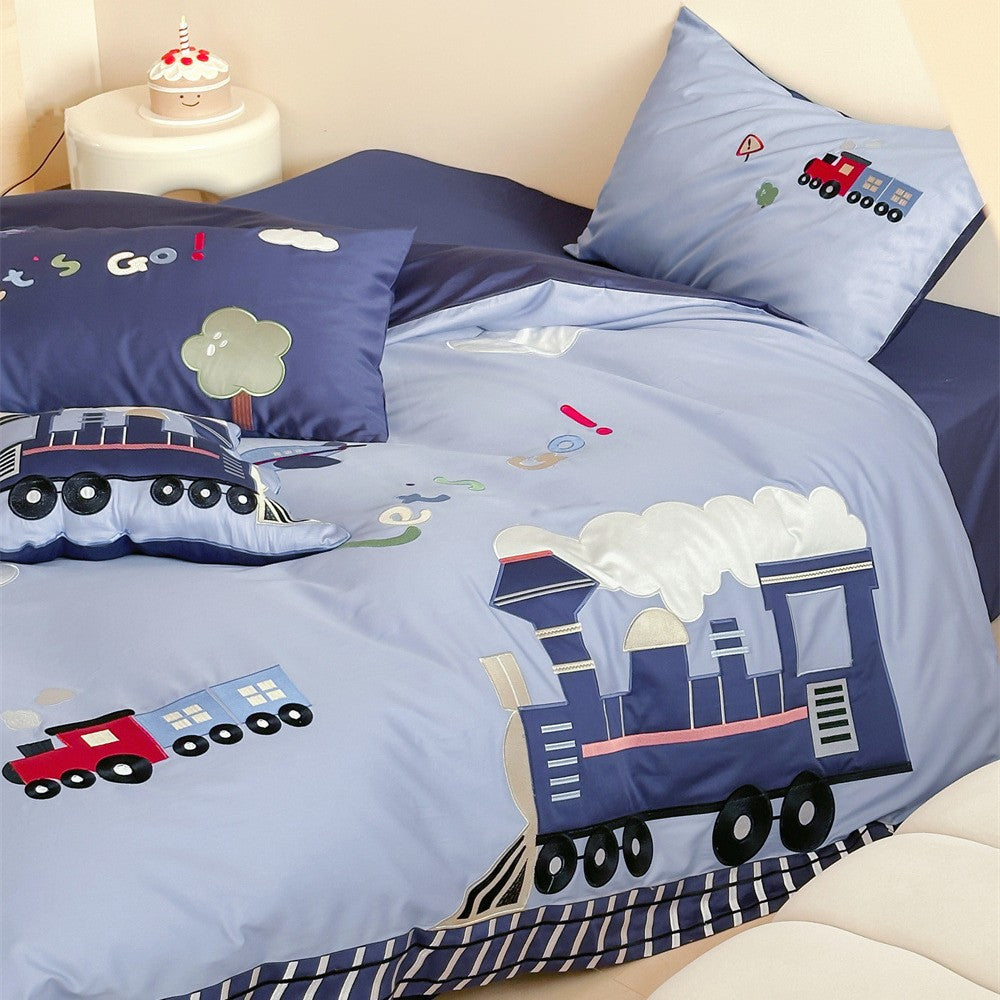 Children's duvet cover set with pull application made of cotton satin and reversible function