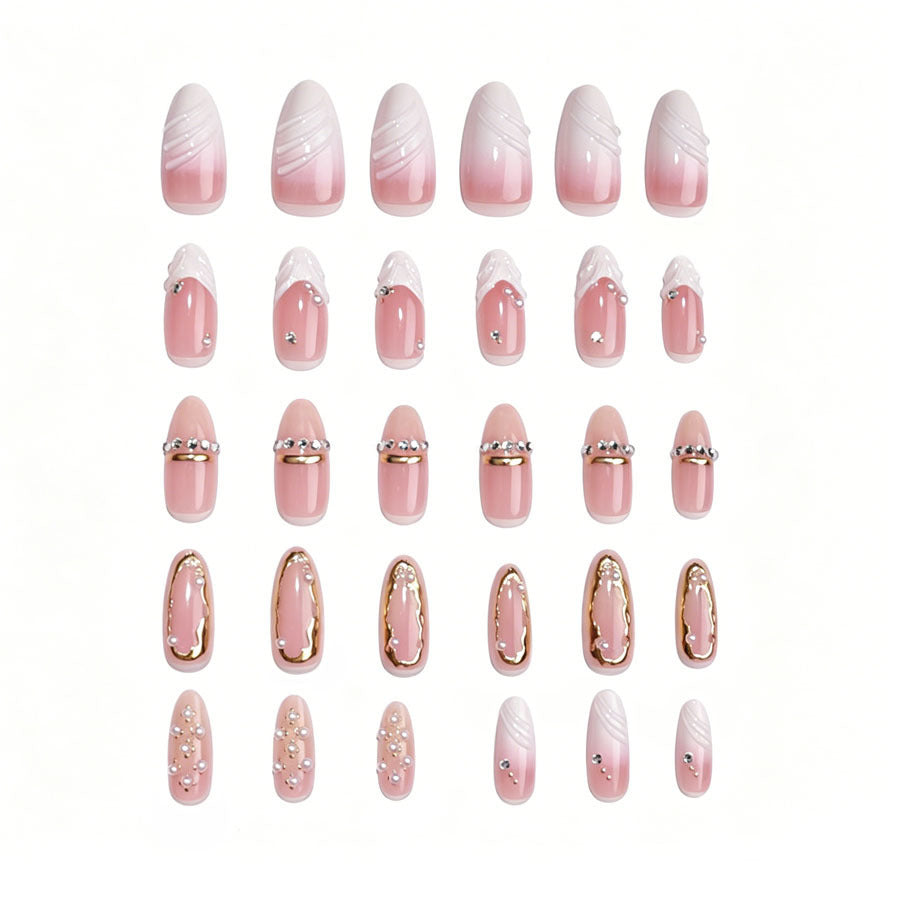 Elegant Pointed Press-On Nail Art Set with Gold Accents Stornfield