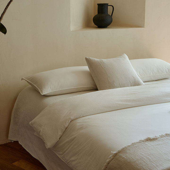 Washed Linen-Blend Duvet Cover Set with Embroidered Accent Cushion & Deep-Pocket Fitted Sheet