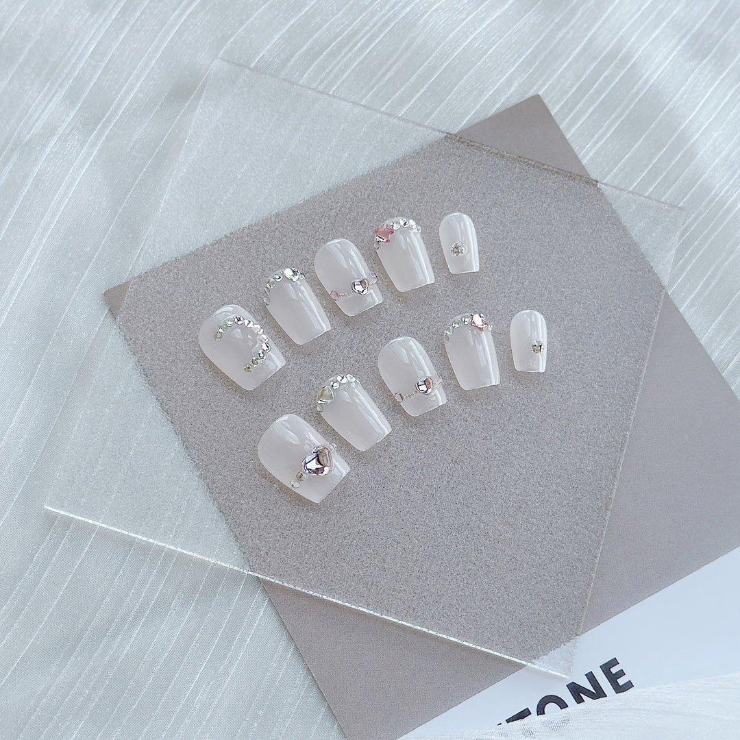 Decorative Press-On Nail Art Set with Gem and Heart Accents