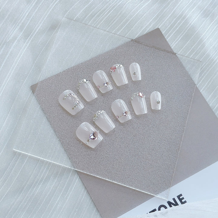 Decorative Press-On Nail Art Set with Gem and Heart Accents