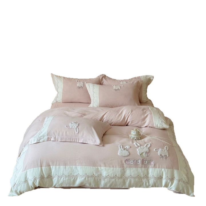Pastel Bunny Appliqué Cotton Sateen Duvet Cover Set with Scalloped Embroidered Border