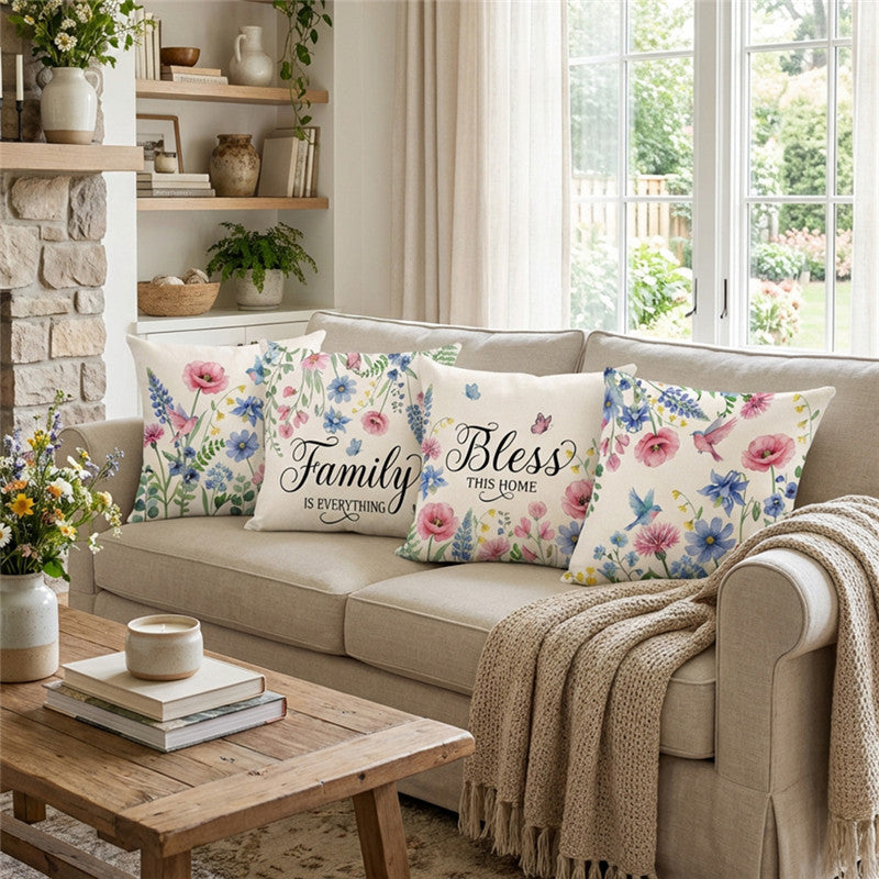 Decorative Linen-Texture Floral "Bless This Home" Accent Pillow