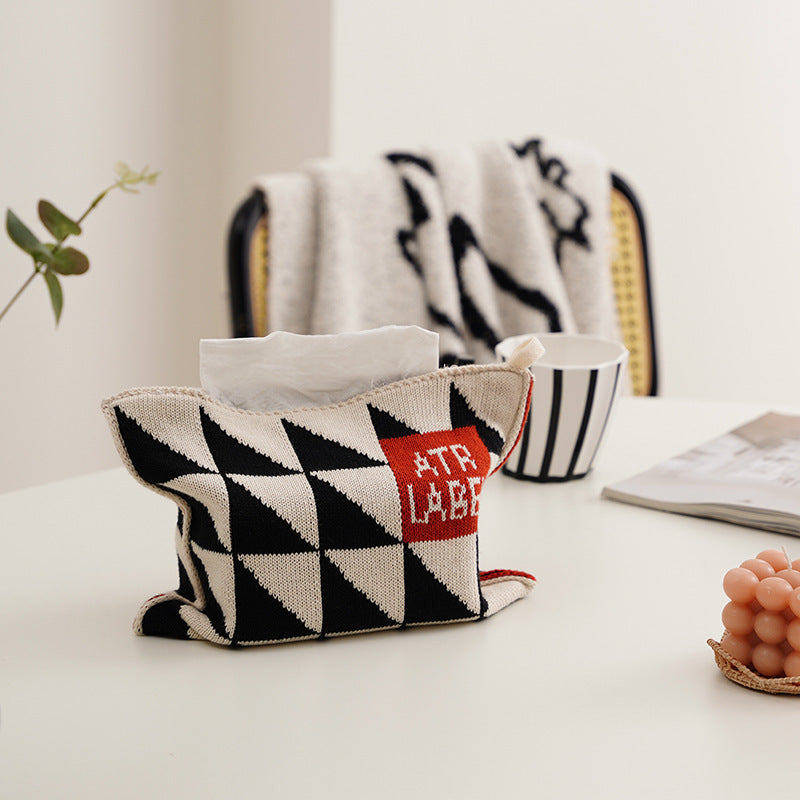 Knitted tissue box cover with geometric jacquard pattern and zipper Stornfield