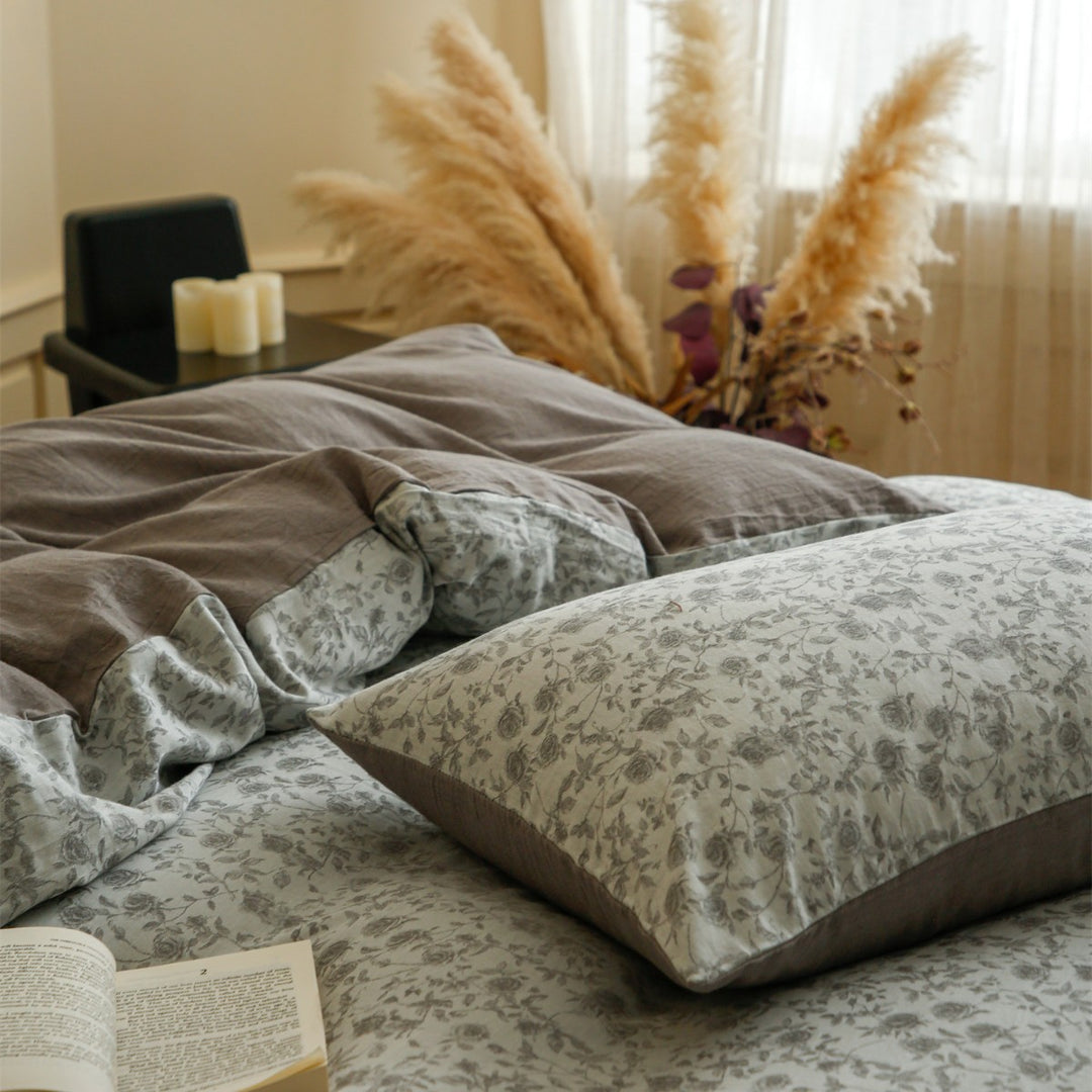 Breathable Organic Cotton Pinstripe Botanical Duvet Cover & Sham Set