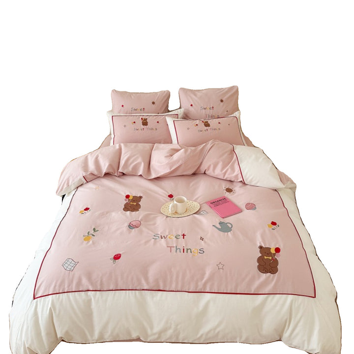 Cotton satin bedding set with delicate cherry embroidery and reversible function