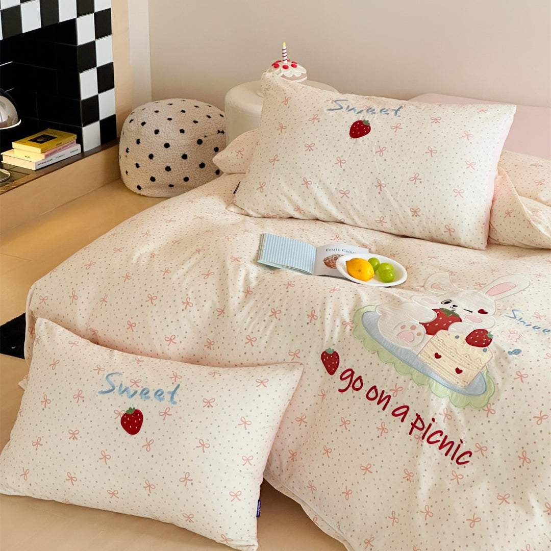 Kids Cartoon Rabbit Cotton Duvet Cover Set with 3D Ear Pillowcases