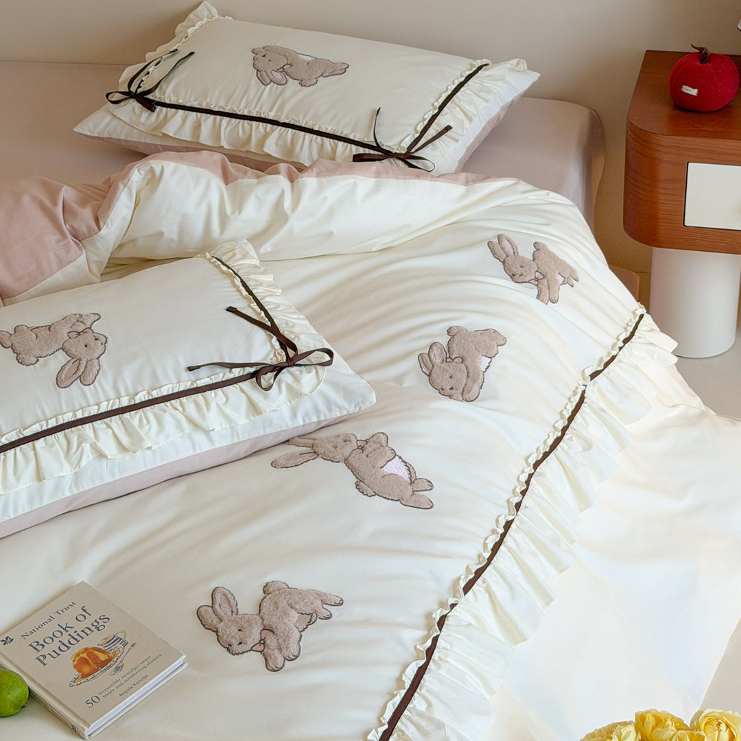 Ruffled Appliqué Bunny Cotton Duvet Cover Set with Satin Tie Pillow Shams