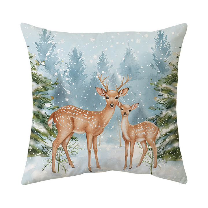 Decorative Linen-Texture Square Throw Pillow Cover with Winter Deer Forest Print