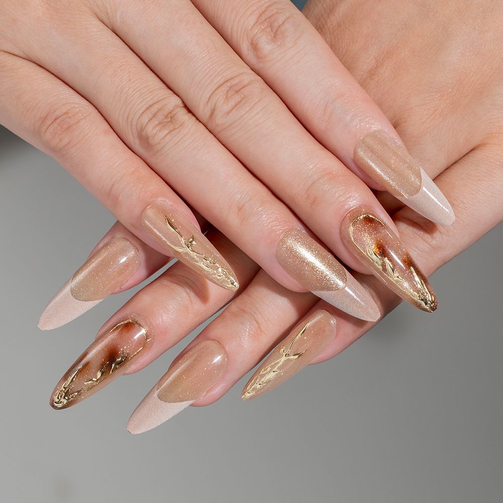 Elegant Stiletto Press-On Nail Set with Gold Accents Stornfield