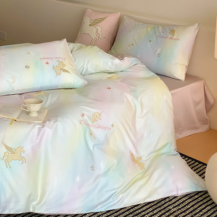 Pastel Unicorn Cotton Sateen Duvet Cover Set with Embroidered Decorative Cushion