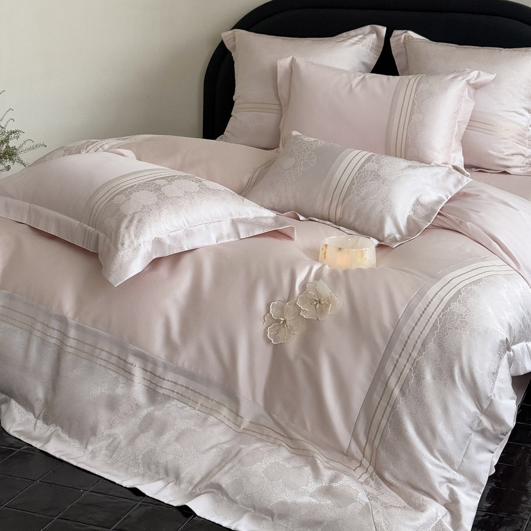Luxury Jacquard Sateen Duvet Cover Set with Embroidered Floral Trim