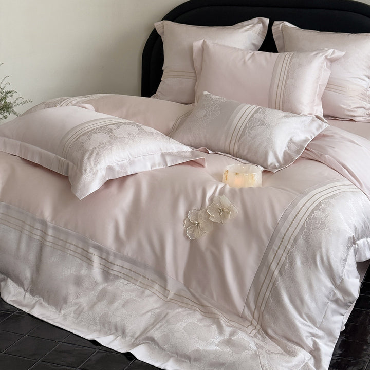 Luxury Jacquard Sateen Duvet Cover Set with Embroidered Floral Trim