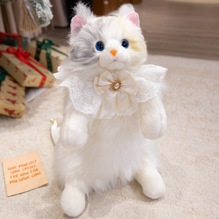 Plush Sitting Cat Decorative Doll with Lace Ruffle Collar & Jeweled Bow Stornfield
